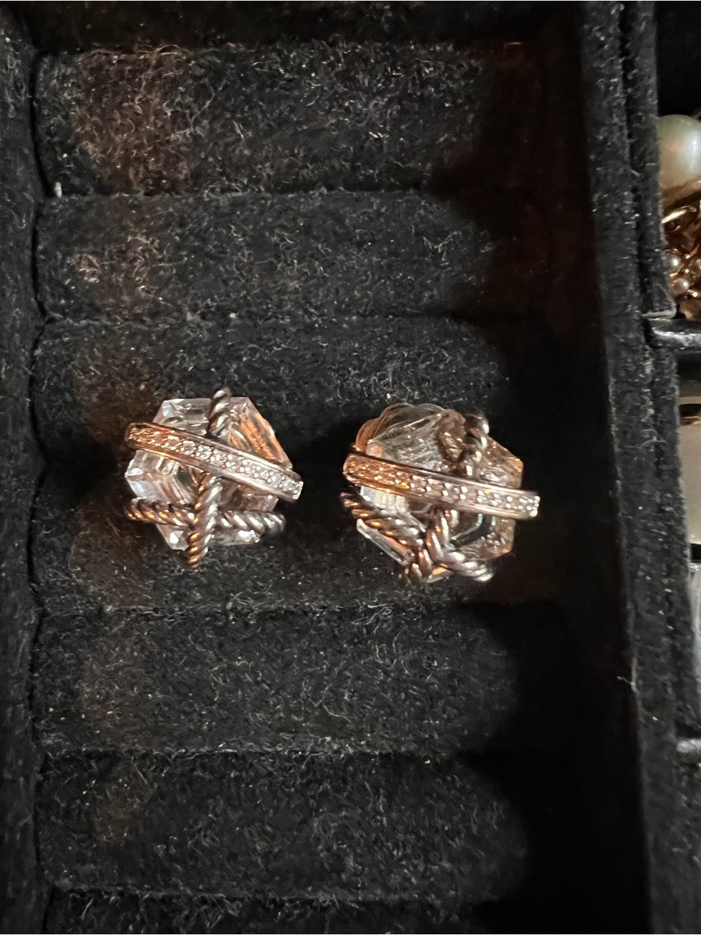 David Yurman Cable Wrap Lg Clear Quarts Stone Stud Earrings with Diamond Accents